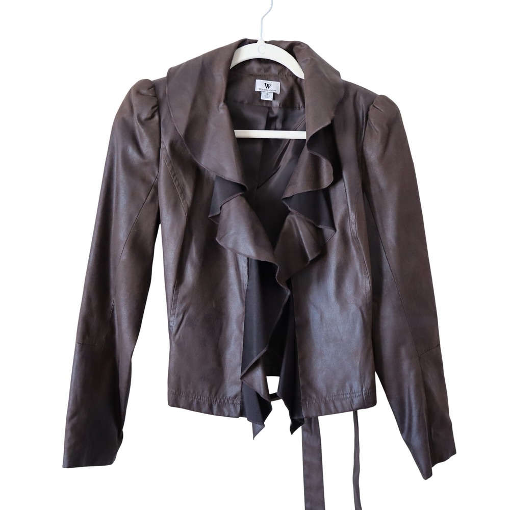 Worthington Women Brown Faux Leather Jacket Ruffle Front Tie Waist Size S Y2K